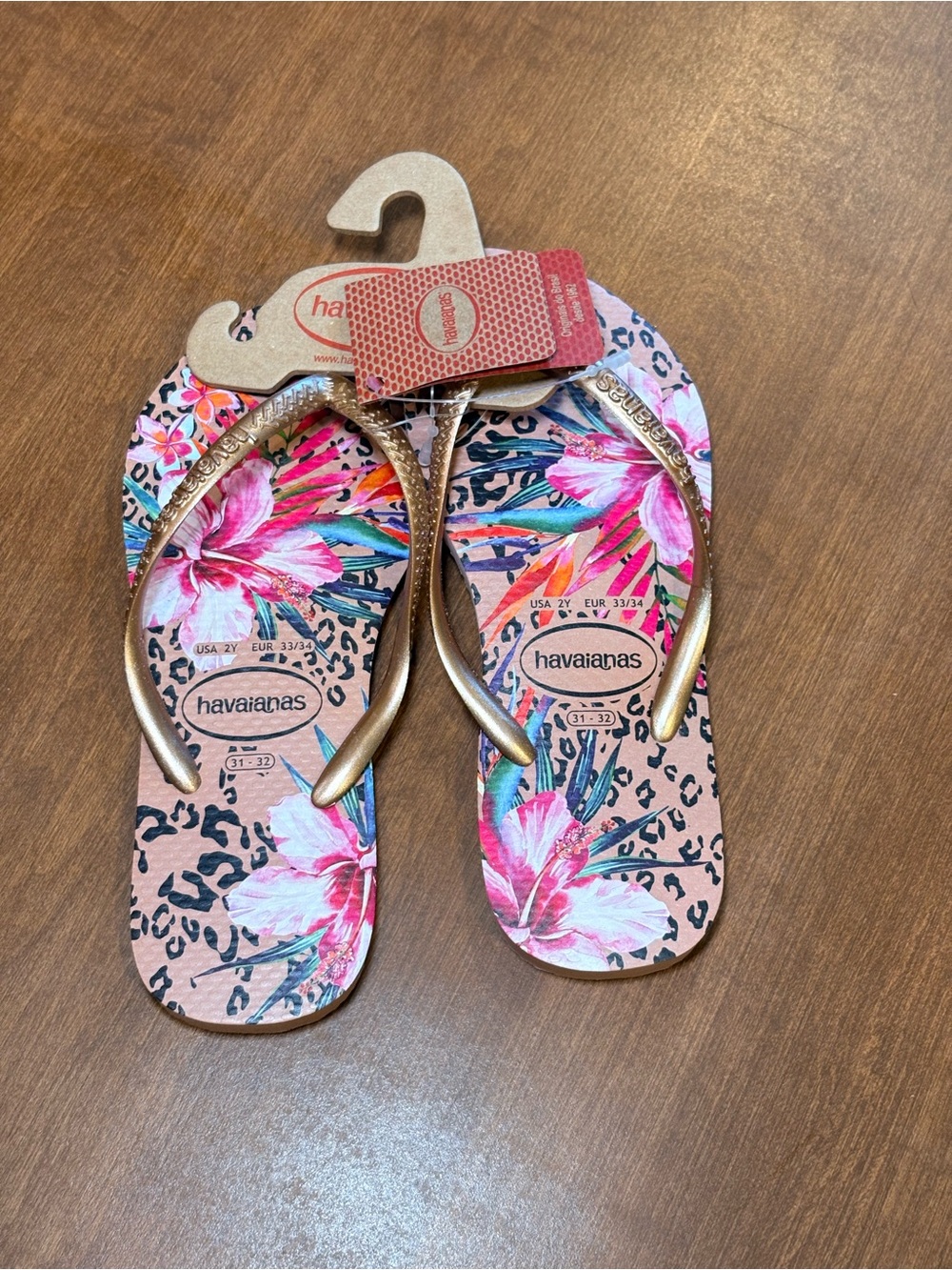Havaianas Pink Floral Flip Flops with Metallic Gold Straps